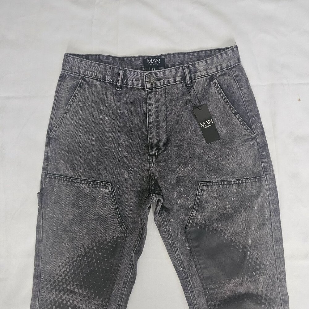 Men's Washed Charcoal Patchwork Jeans - Picture 6 of 16